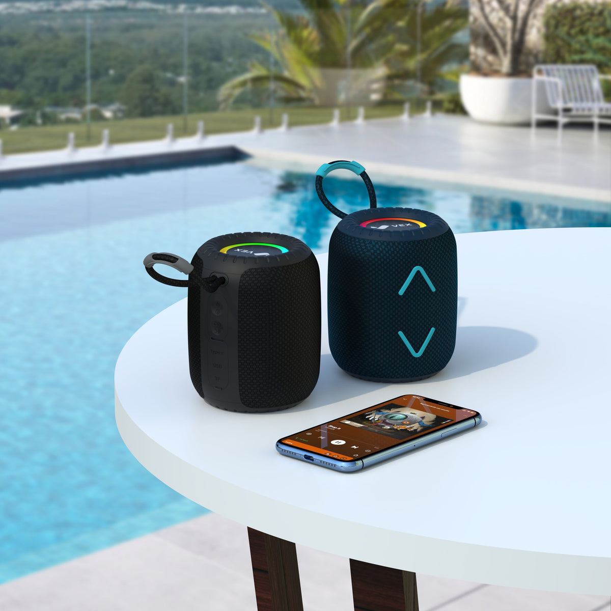 Parlante Bluetooth portátil VEX Bass 9, IPX6, luces RGB, modo TWS, hasta 8 h