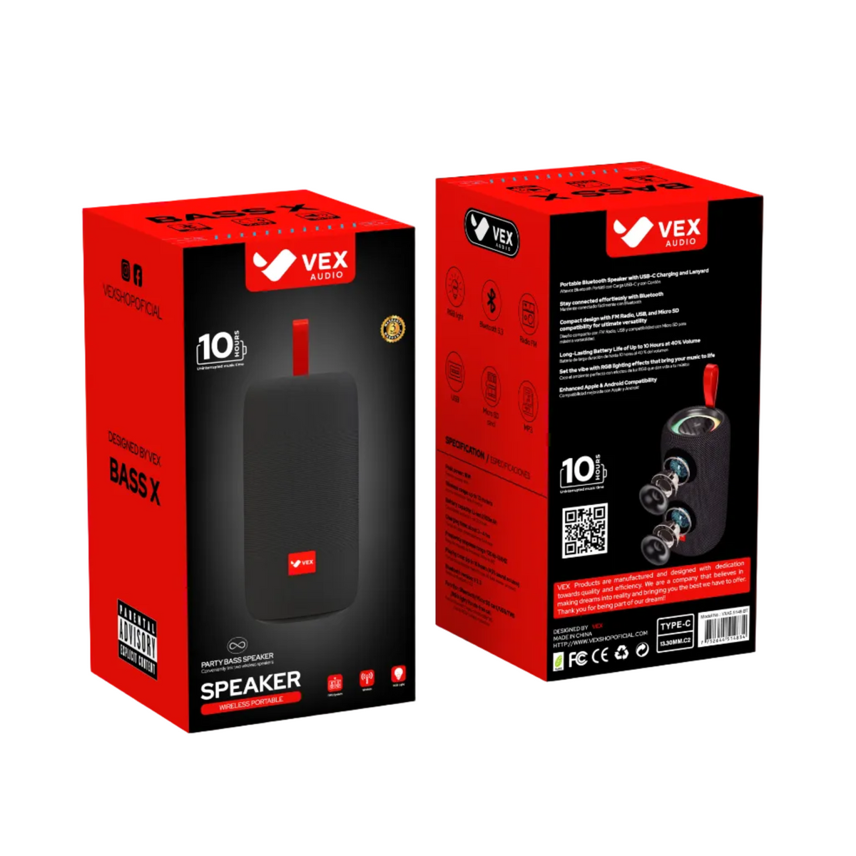 Parlante Bluetooth portátil VEX Bass X, 16W, luces RGB, modo TWS, hasta 10 h, entrada USB