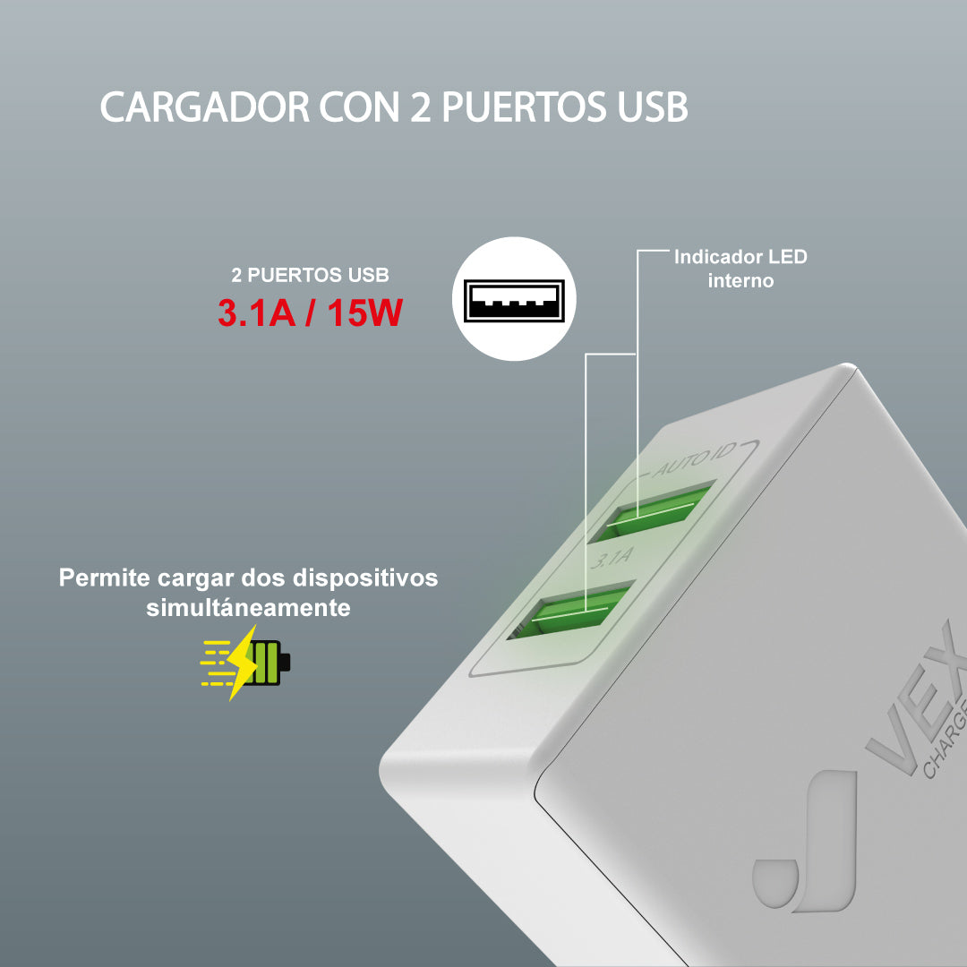 Cargador de pared VEX D6AA, 2 puertos USB-A, 15W, 3.1A