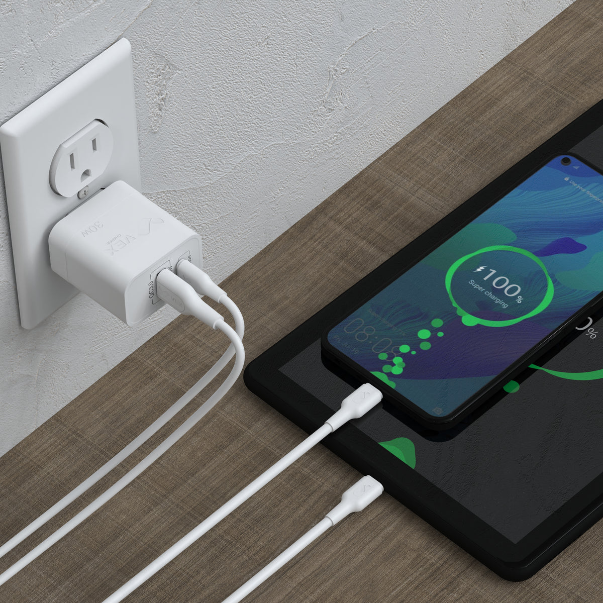 Cargador de Pared VEX D8AC 30W 1 puerto USB-A, 1 puerto USB-C