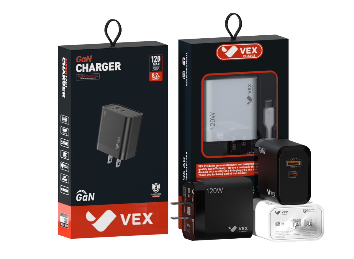 Cargador de Pared VEX D5AC 120W 1 Puerto USB-A + 1 Puerto USB-C
