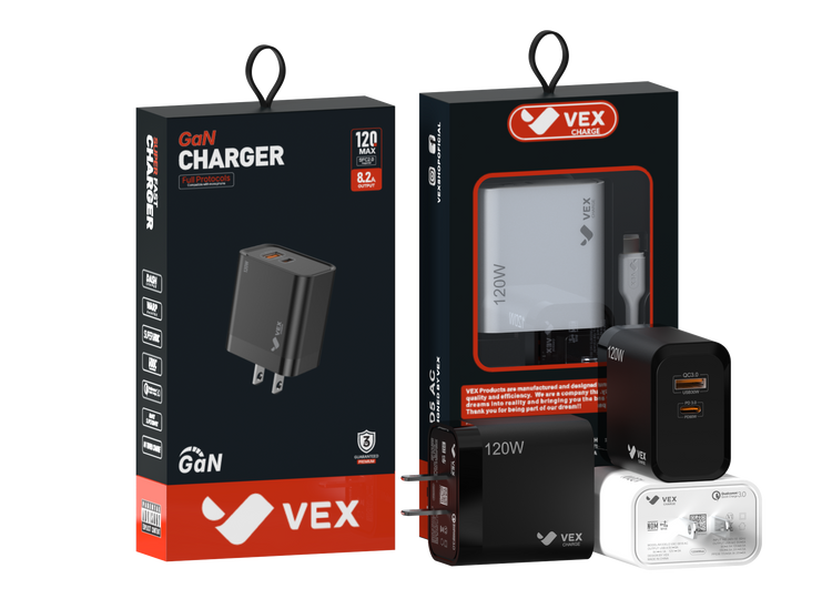 Cargador de Pared VEX D5AC 120W 1 Puerto USB-A + 1 Puerto USB-C