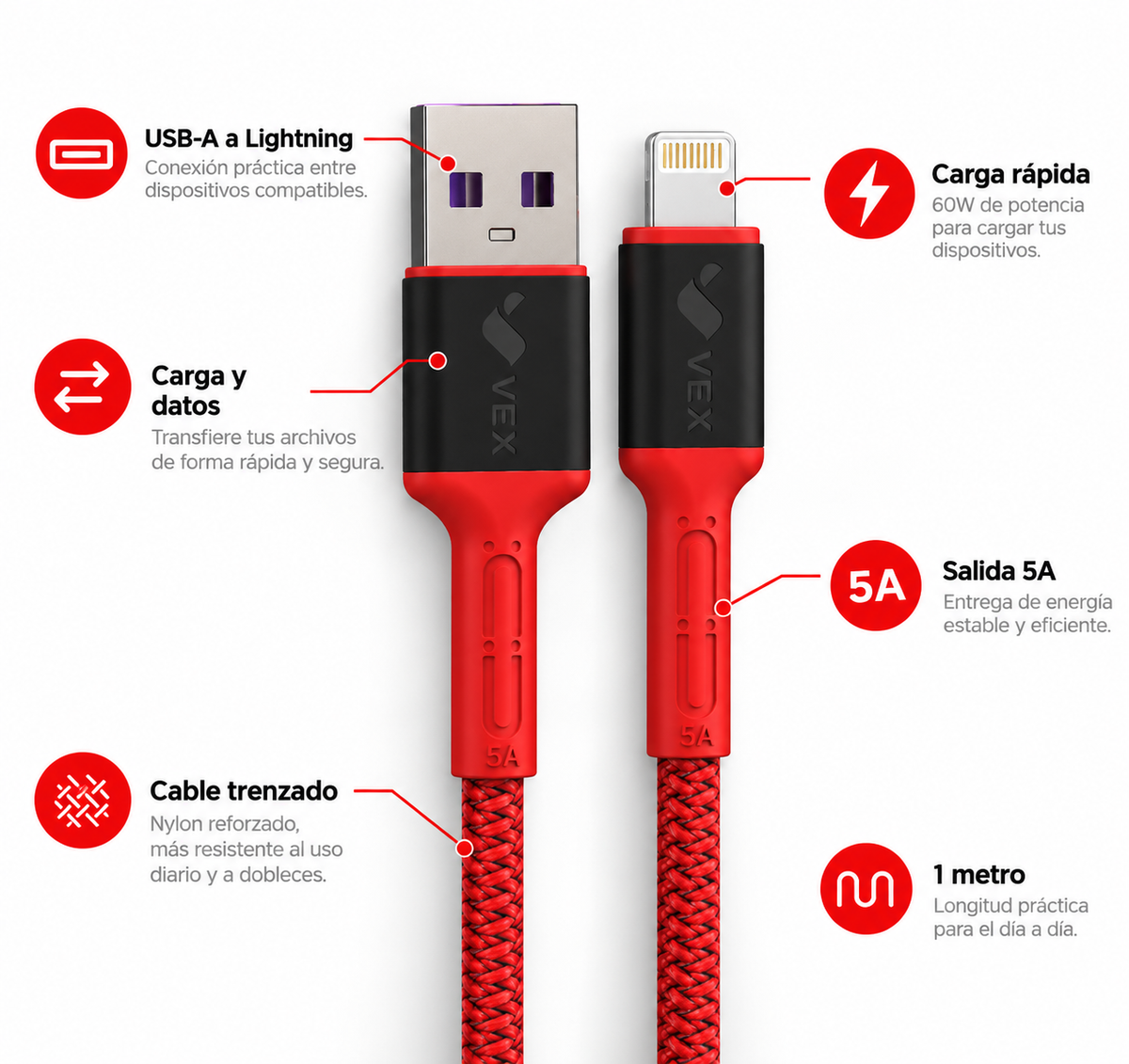 Cable USB VEX Q8, 60W, 5A  carga y transmisión de datos