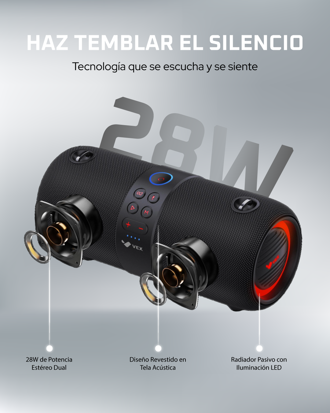 Parlante Bluetooth Hi-Fi VEX Elite J2, 28W, luces RGB, hasta 18 h, carga USB-C