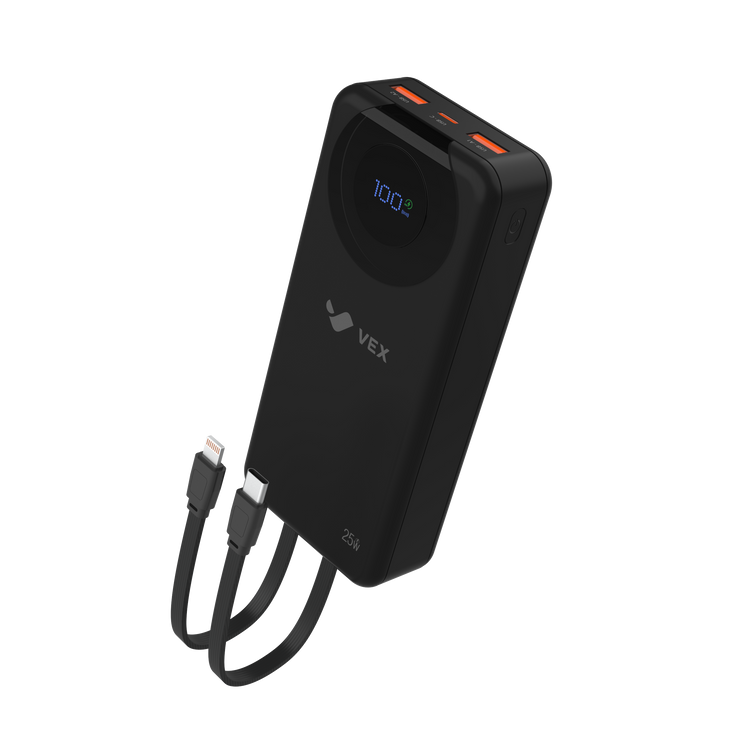 Power Bank VEX 25,000 mAh, 2 cables integrados Lightning + USB-C